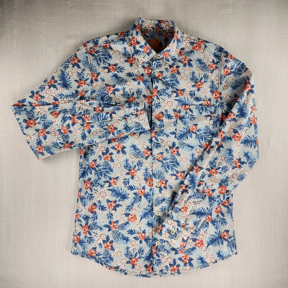 Hugo Boss Orange small Shirt Mens Floral Tropical Palm Print Blue Cotton - Picture 2 of 11